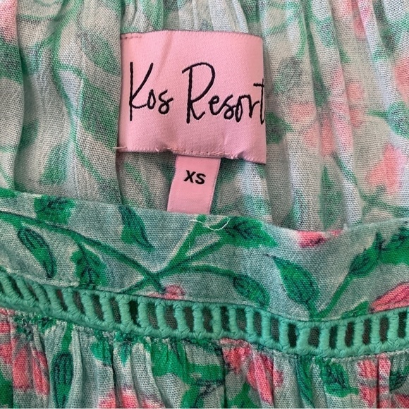 Kos Resort Floral Mini Dress XS Green Short Sleeves - Picture 6 of 9
